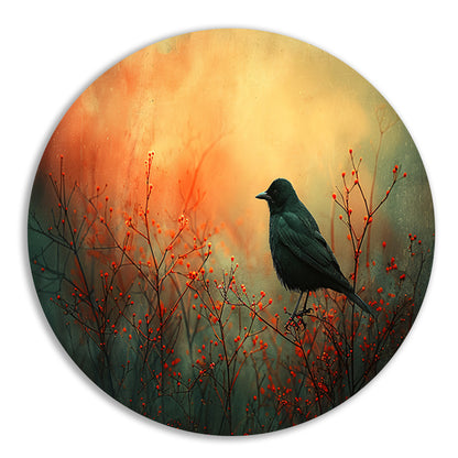 Vogel tussen de vlammende rode planten aluminium muurcirkel