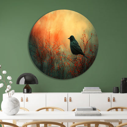 Vogel tussen de vlammende rode planten aluminium muurcirkel