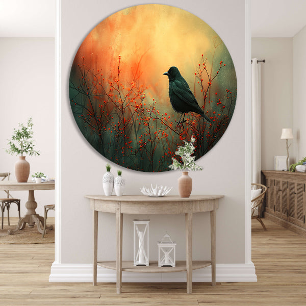 Vogel tussen de vlammende rode planten aluminium muurcirkel