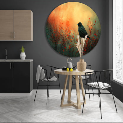 Vogel tussen de vlammende rode planten aluminium muurcirkel