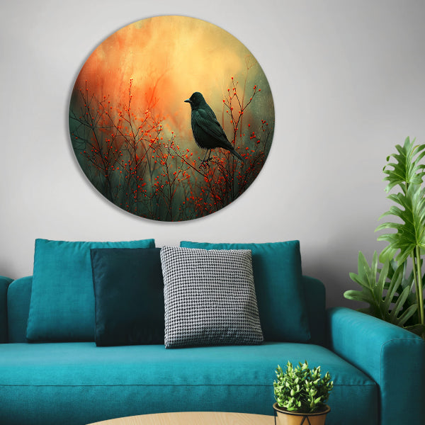 Vogel tussen de vlammende rode planten aluminium muurcirkel