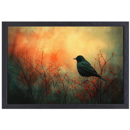 Vogel tussen de vlammende rode planten canvas met baklijst