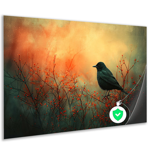 Vogel tussen de vlammende rode planten poster