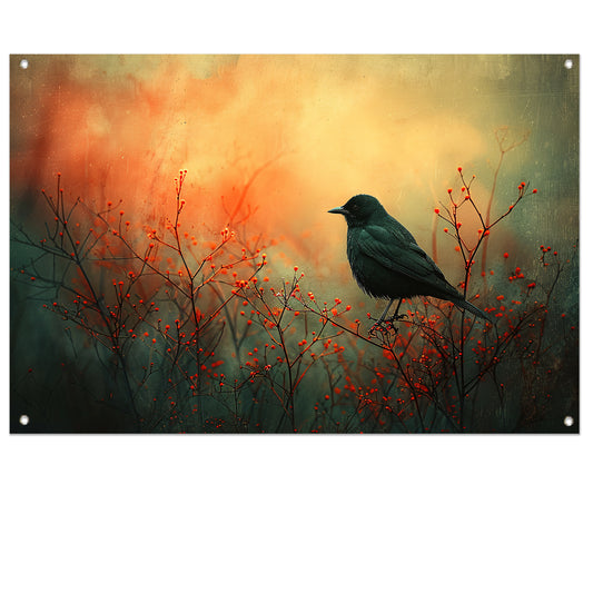 Vogel tussen de vlammende rode planten tuinposter
