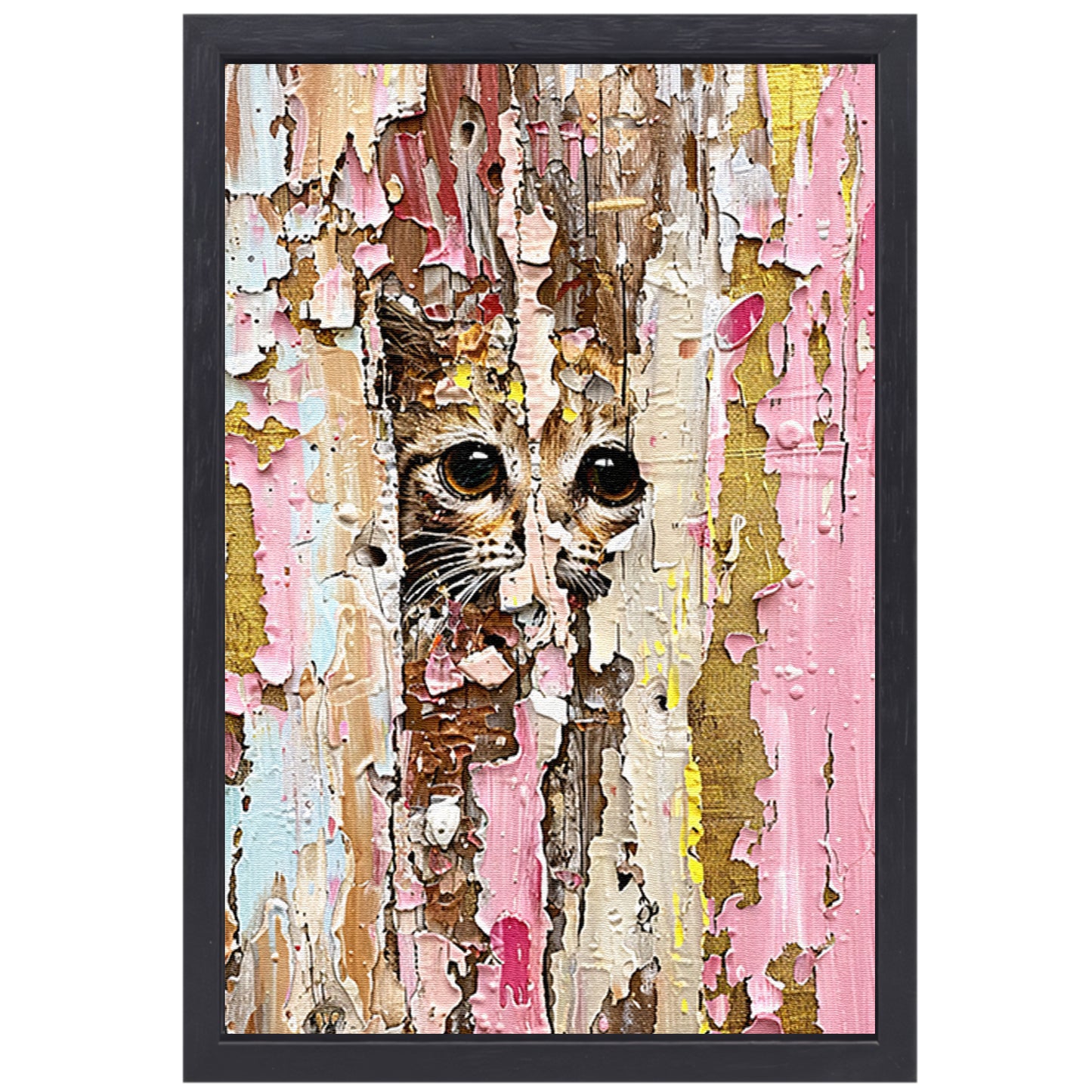 Abstracte kat achter vervallende verf canvas met baklijst