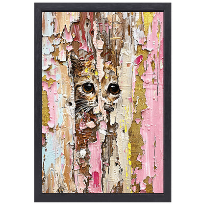 Abstracte kat achter vervallende verf canvas met baklijst