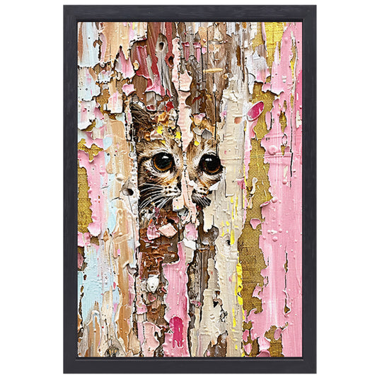 Abstracte kat achter vervallende verf canvas met baklijst