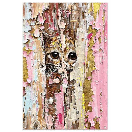 Abstracte kat achter vervallende verf tuinposter