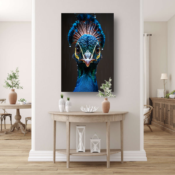 Close-up portret van een pauw in de regen canvas met baklijst