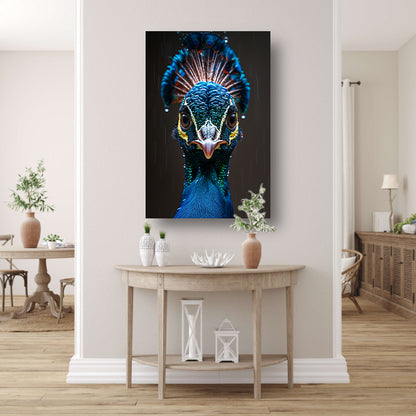 Close-up portret van een pauw in de regen canvas met baklijst