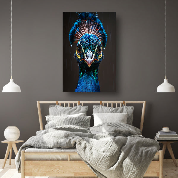 Close-up portret van een pauw in de regen canvas met baklijst