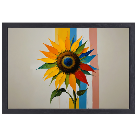 Abstracte Kleurrijke Zonnebloem op Gestreepte Achtergrond canvas met baklijst