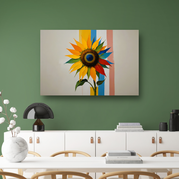 Abstracte Kleurrijke Zonnebloem op Gestreepte Achtergrond poster