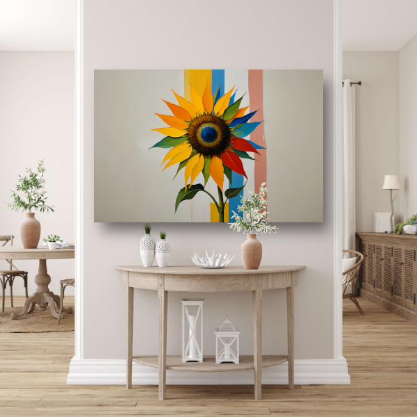 Abstracte Kleurrijke Zonnebloem op Gestreepte Achtergrond poster