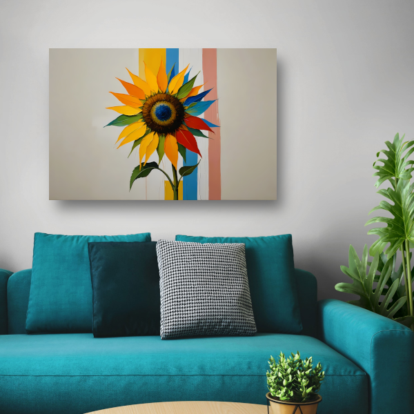 Abstracte Kleurrijke Zonnebloem op Gestreepte Achtergrond poster