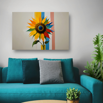 Abstracte Kleurrijke Zonnebloem op Gestreepte Achtergrond poster