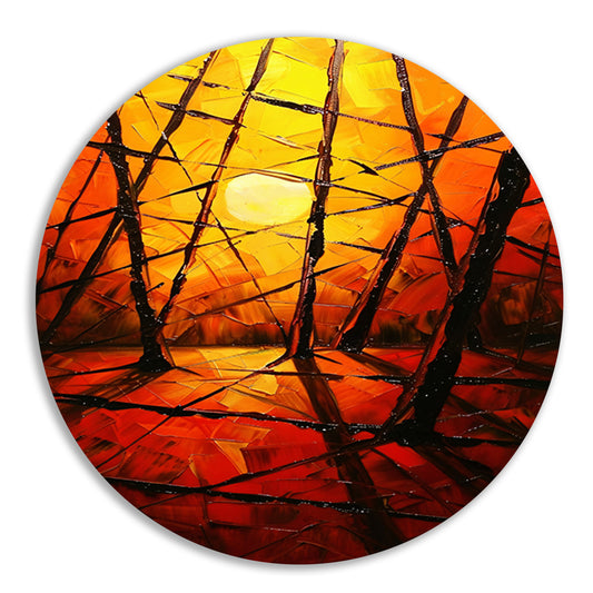 Kleurrijke abstracte zonsondergang met bomen aluminium muurcirkel