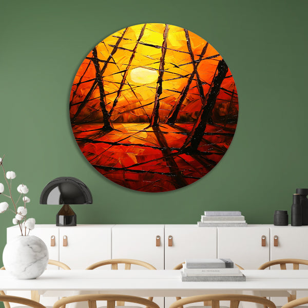 Kleurrijke abstracte zonsondergang met bomen aluminium muurcirkel