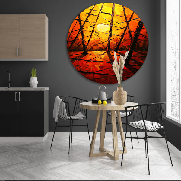 Kleurrijke abstracte zonsondergang met bomen aluminium muurcirkel