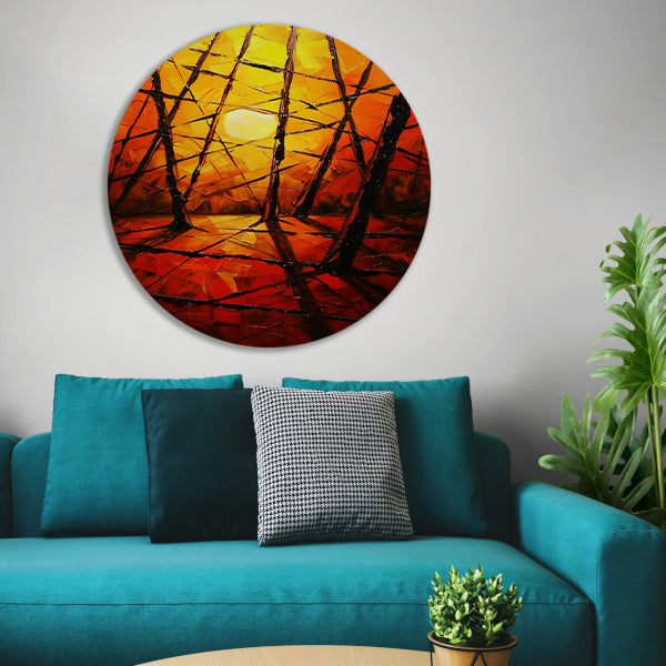 Kleurrijke abstracte zonsondergang met bomen aluminium muurcirkel