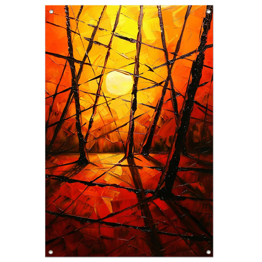 Kleurrijke abstracte zonsondergang met bomen tuinposter