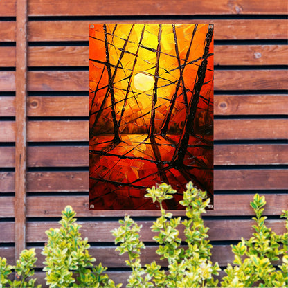 Kleurrijke abstracte zonsondergang met bomen tuinposter