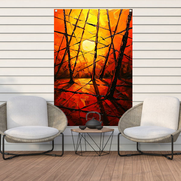 Kleurrijke abstracte zonsondergang met bomen tuinposter