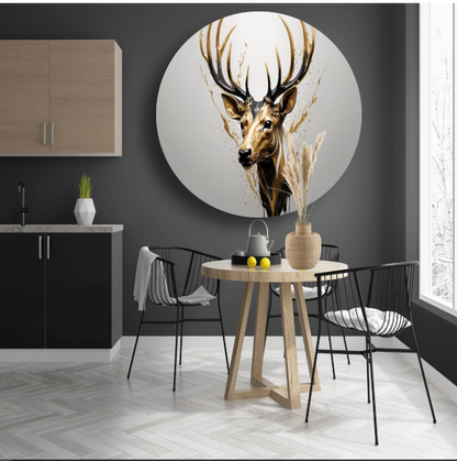 Gouden Hertenhoofd met Dynamische Spatten aluminium muurcirkel