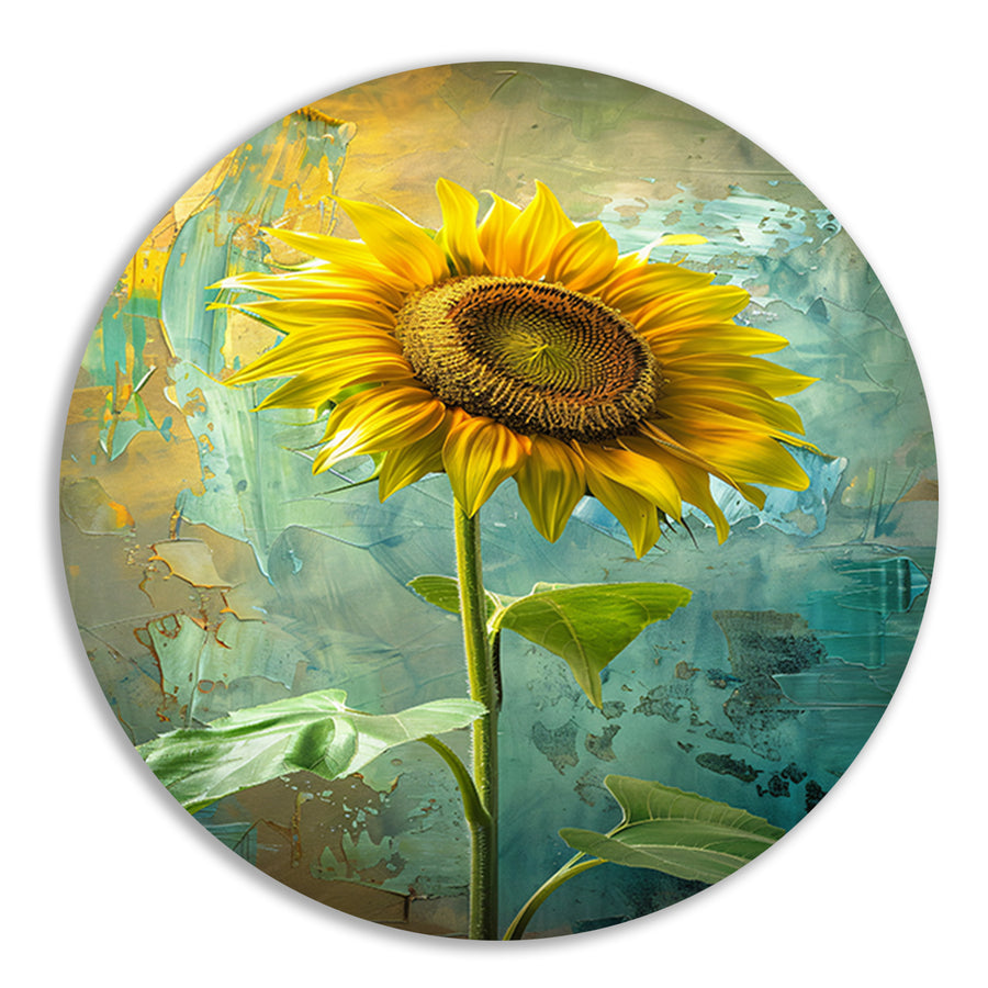 Schilderij van zonnebloem op kleurrijke achtergrond aluminium muurcirkel