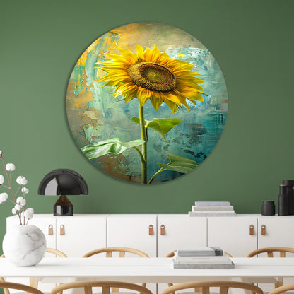 Schilderij van zonnebloem op kleurrijke achtergrond forex muurcirkel