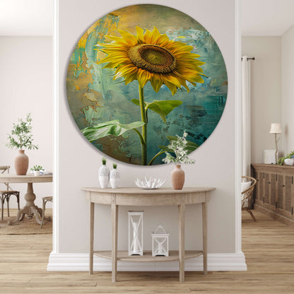 Schilderij van zonnebloem op kleurrijke achtergrond forex muurcirkel