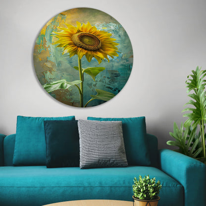 Schilderij van zonnebloem op kleurrijke achtergrond forex muurcirkel