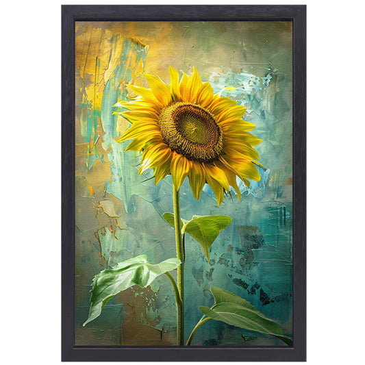Schilderij van zonnebloem op kleurrijke achtergrond canvas met baklijst