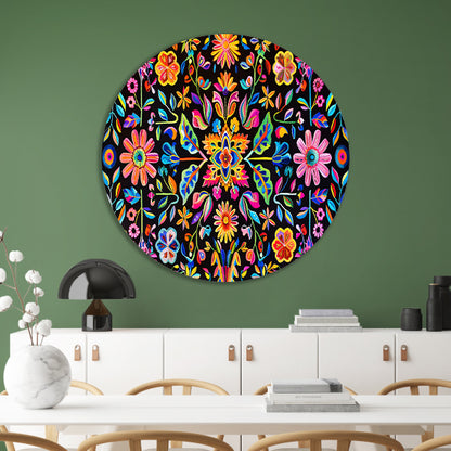 Kleurrijk Bloemenpatroon op Zwarte Achtergrond forex muurcirkel