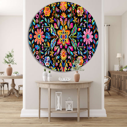 Kleurrijk Bloemenpatroon op Zwarte Achtergrond forex muurcirkel