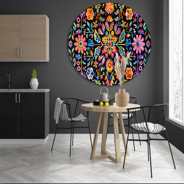 Kleurrijk Bloemenpatroon op Zwarte Achtergrond forex muurcirkel