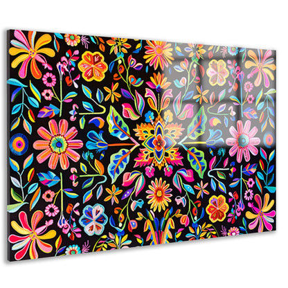 Kleurrijk Bloemenpatroon op Zwarte Achtergrond acrylglas