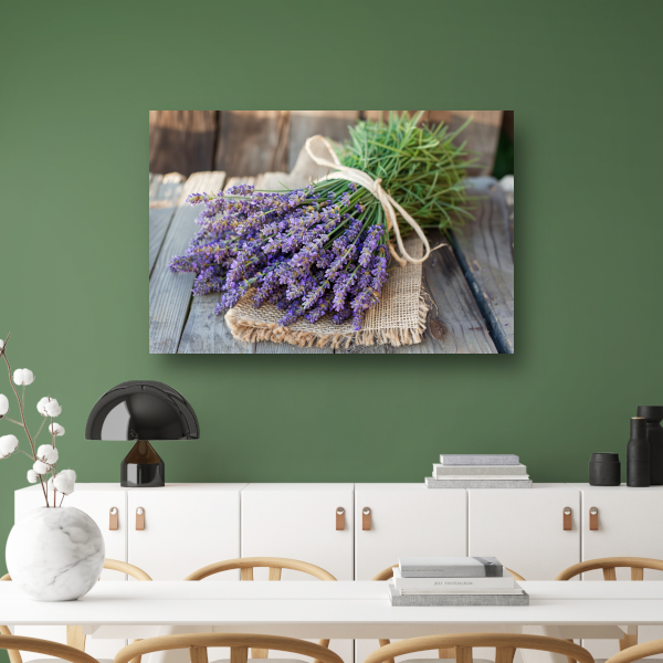 Lavendel stilleven op houten tafel canvas