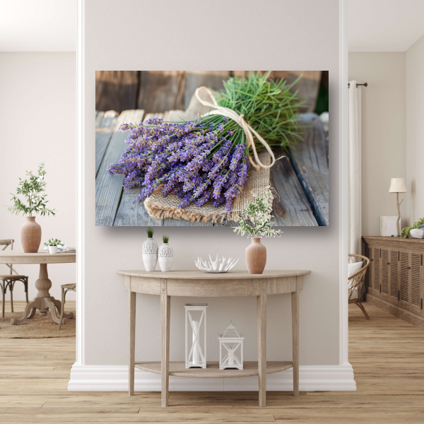 Lavendel stilleven op houten tafel acrylglas