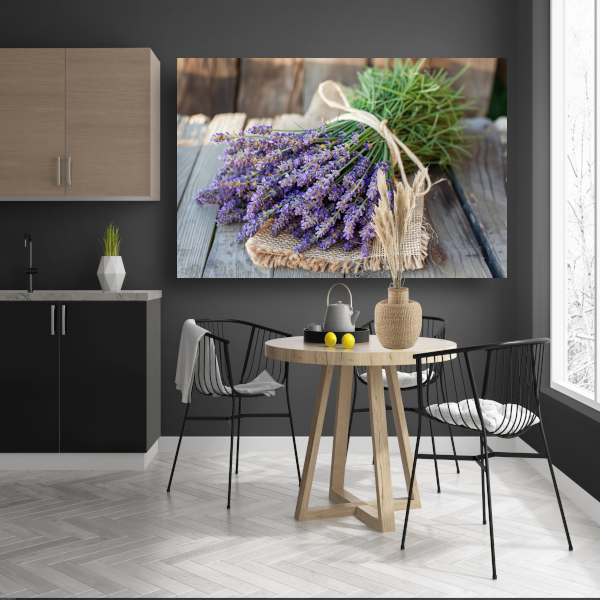 Lavendel stilleven op houten tafel acrylglas