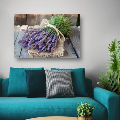 Lavendel stilleven op houten tafel canvas met baklijst