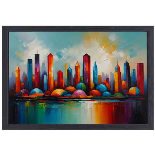 Kleurrijke Reflectie van Stad en Water canvas met baklijst
