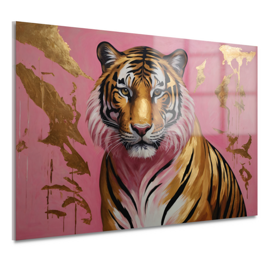 Tijger in Goud en Roze Modern Kunstwerk acrylglas