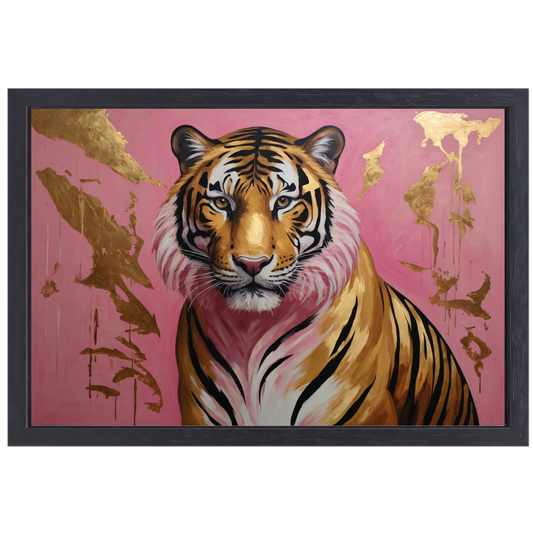 Tijger in Goud en Roze Modern Kunstwerk canvas met baklijst