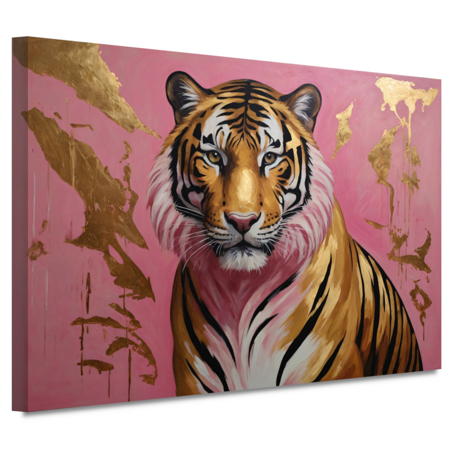 Tijger in Goud en Roze Modern Kunstwerk canvas