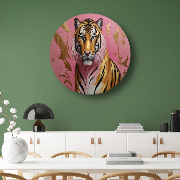 Tijger in Goud en Roze Modern Kunstwerk forex muurcirkel