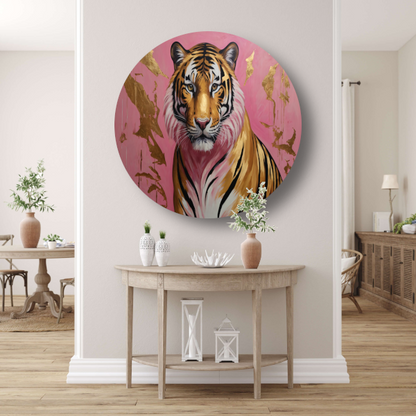 Tijger in Goud en Roze Modern Kunstwerk forex muurcirkel