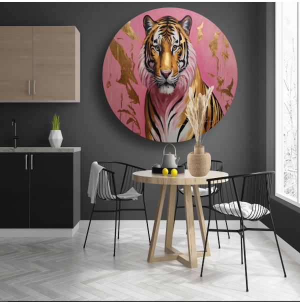 Tijger in Goud en Roze Modern Kunstwerk forex muurcirkel