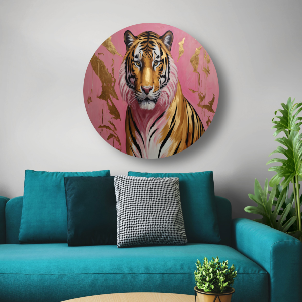 Tijger in Goud en Roze Modern Kunstwerk forex muurcirkel