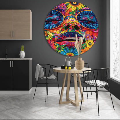 Portret van een vrouw met bloemen in popart stijl aluminium muurcirkel